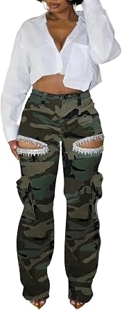 Ecirod Wide Leg Cargo Pants Woman Baggy Ripped Rhinestones Jeans Straight Leg High Waisted Denim Pants with Pockets