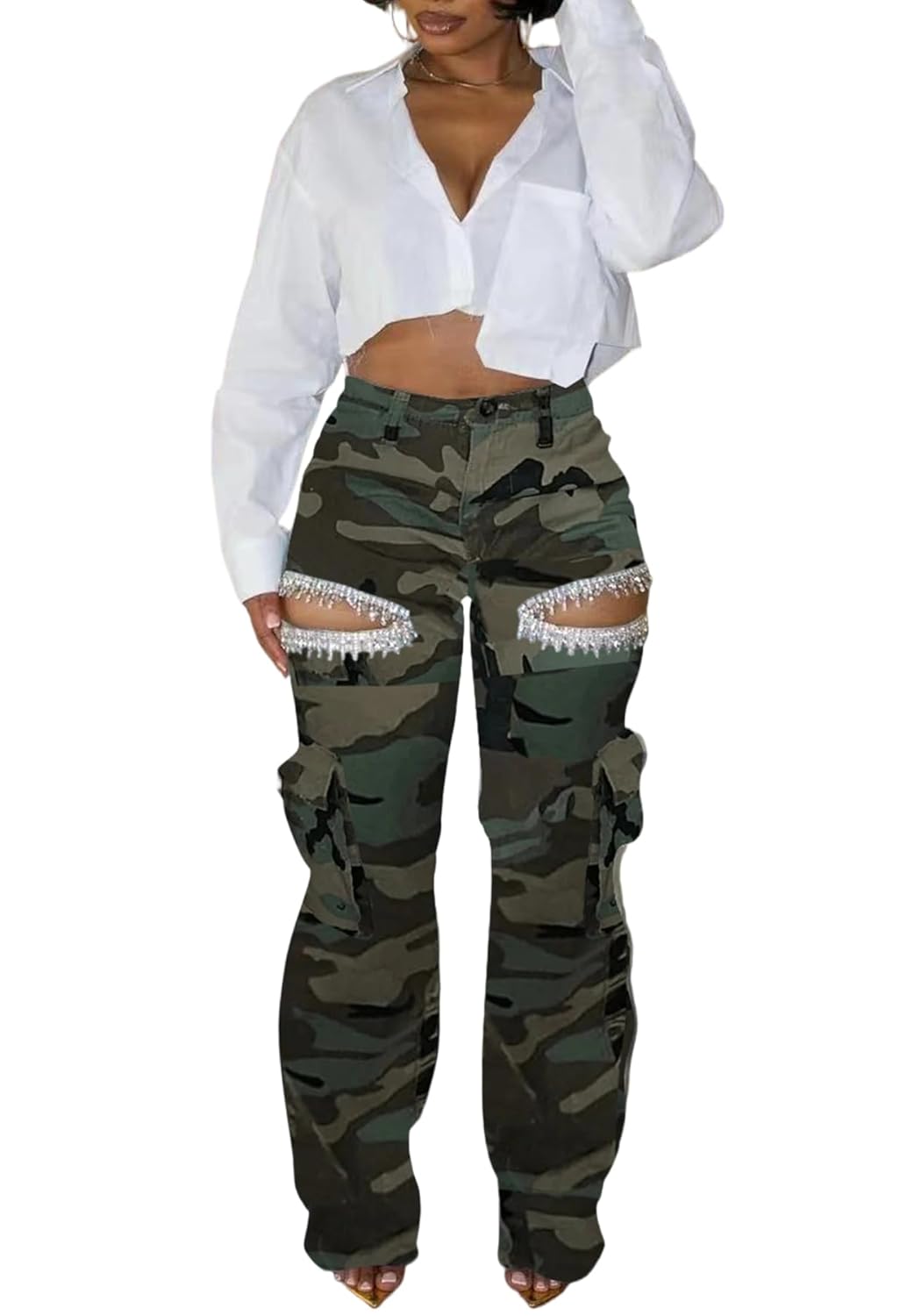Ecirod Wide Leg Cargo Pants Woman Baggy Ripped Rhinestones Jeans Straight Leg High Waisted Denim Pants with Pockets