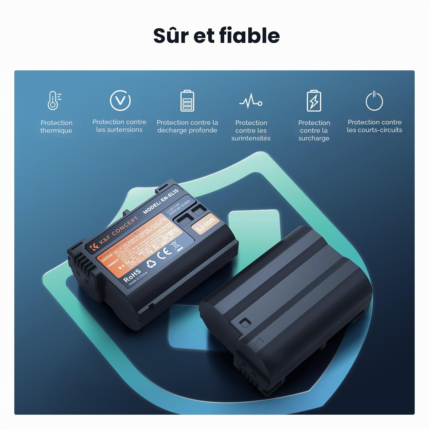 K&F CONCEPT EN-EL15 Batterie de Rechange 2100mAh et Chargeur USB Double Compatible avec Nikon DSLR D7000, D7100, D7200,D7500, D850, D810, D810A, D800, D800E, D750, D610, D600, D500