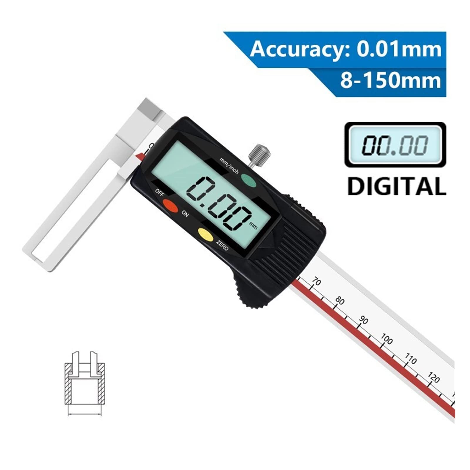 Cyfrowe Narzędzia Pomiarowe Suwmiarka 8-150mm wewnętrzna tarcza z rowkiem suwmiarka noniuszem dokładność 0.01mm długie pazury odporne na wstrząsy narzędzie pomiarowe