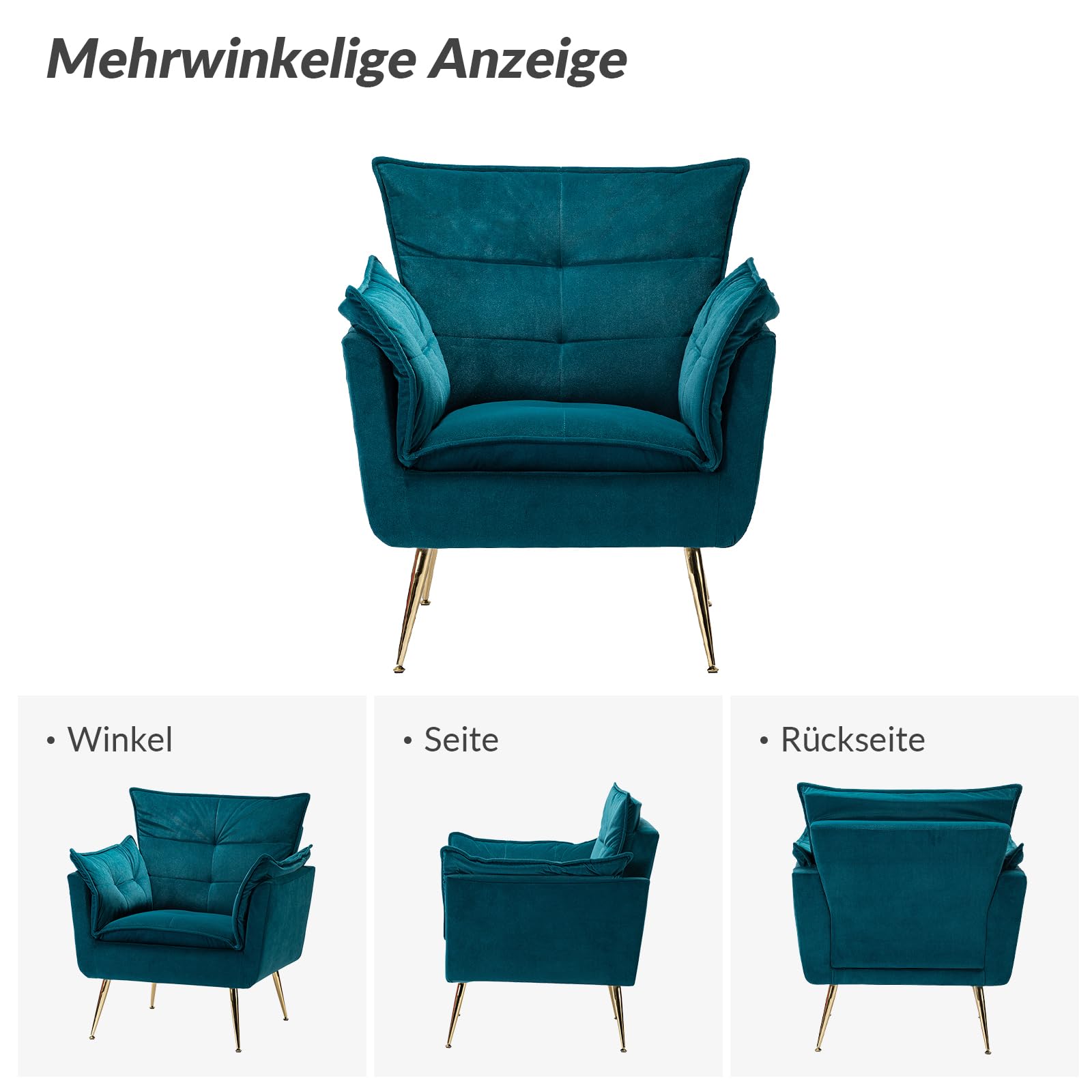 HULALA HOME Sessel gemütlich Lesesessel bequem mit goldenen Metallbeinen moderner Loungesessel aus Samt mit Dickes Sitzkissen für Wohnzimmer und Schlafzimmer, Dunkelgrün