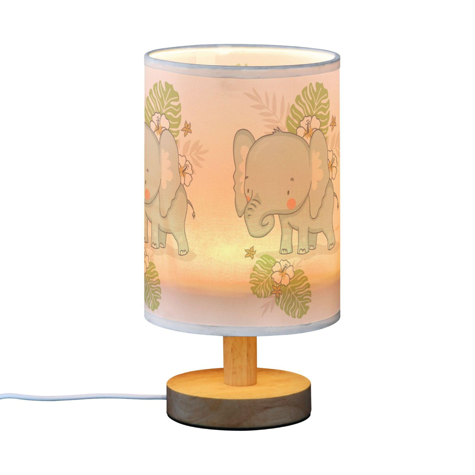 YYZZH Table Lamp Cute Elephant Floral Jungle Monstera Palm Leaf Tropical Animal Nightstand Lamp with Wood Base Fabric Lamp Shade Bedside Desk Lamp for Living Room Bedroom Kids Room Office