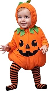 Kids Pumpkin Costume Newborn Infant Baby Girls Boys Halloween Clothes Sets Long Sleeve Fleece Zipper Hooded Romper Jacket Tops Striped Pants Footed Leggings Costumes My First Halloween Outfit Boy