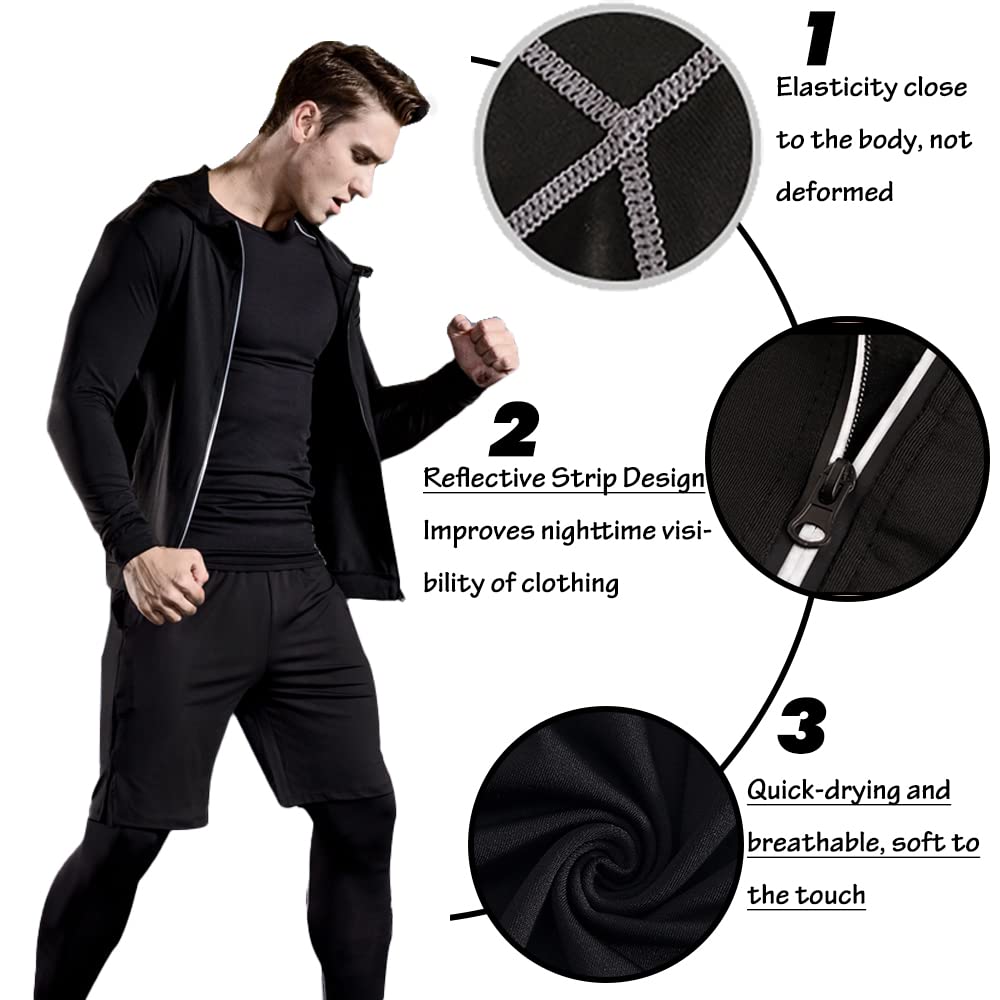 4 Pz Fitness Palestra Completi Sportivi Uomo Abbigliamento Giacca con Cappuccio T-shirt Manica Corta Manica Lunga Pantaloncini e Pantaloni Sportivi Elastico Quick Dry Traspirante Ultraleggero