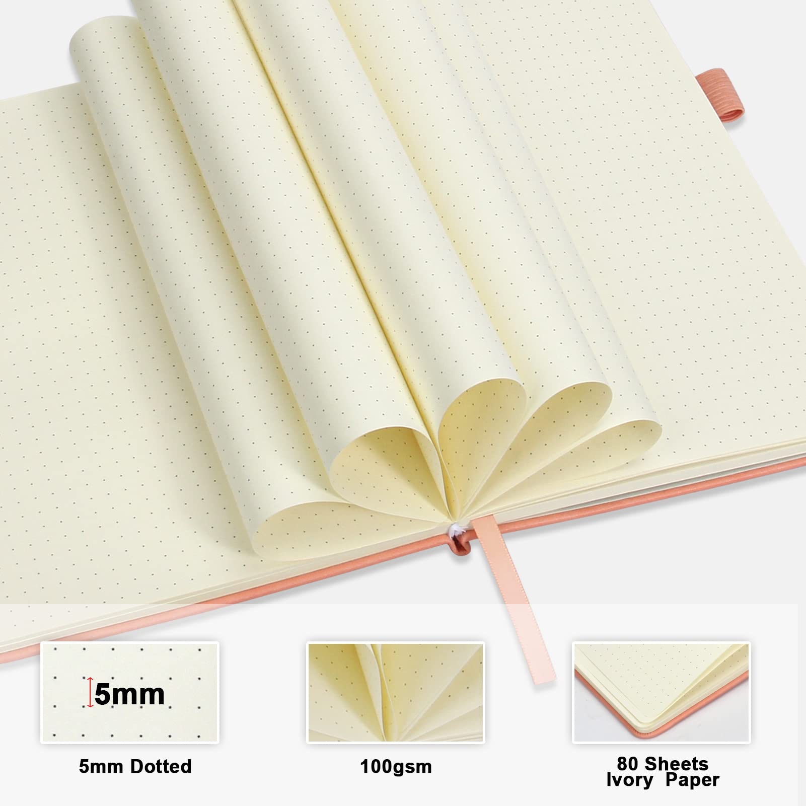 Daofary Gepunktetes Tagebuch-Notizbuch mit Stifthalter, A5 Punktraster Notizbuch mit 160 Seiten, 100 g/m² dickes Papier, Hardcover gepunktetes Tagebuch mit Tasche, 21,3 x 14,5 cm (Rosa)