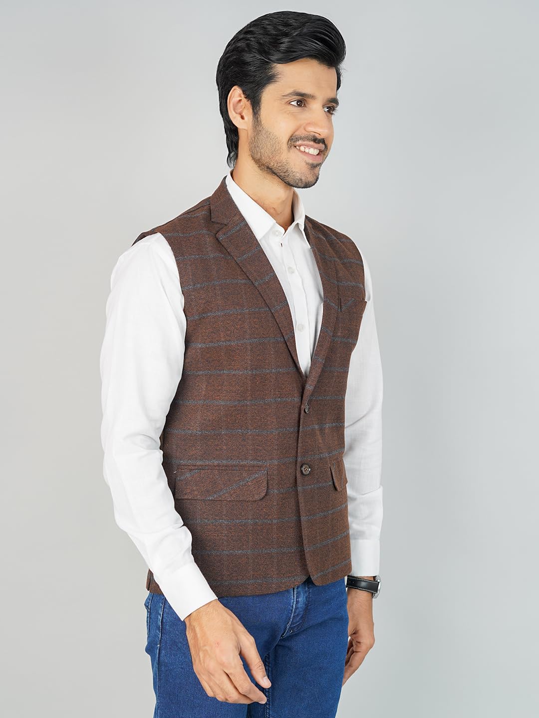 WINTAGE Men's Tweed Check Brown Nehru Jacket :-38/ S