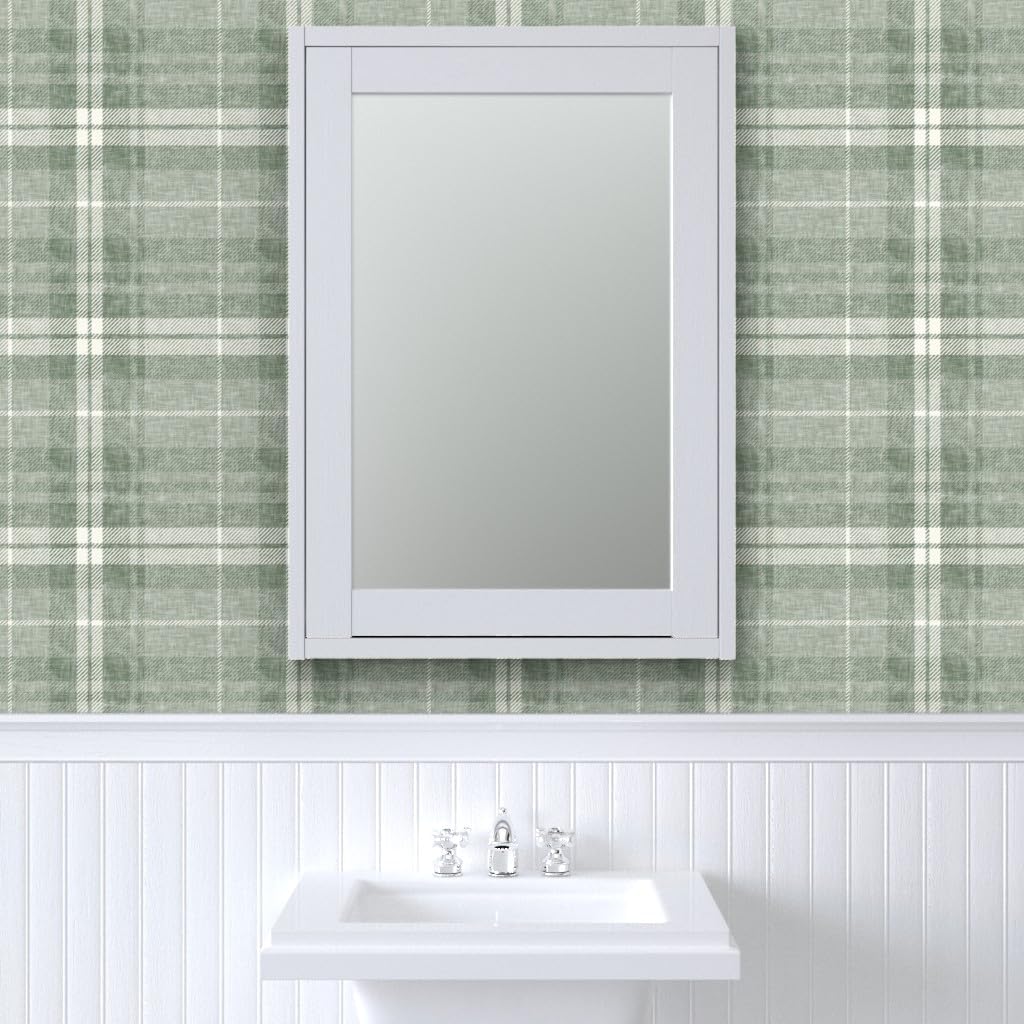 Spoonflower Commercial Grade Wallpaper Swatch - Sage Green Fall Plaid Distressed Check Tartan Autumn Neutral Traditional Wallpaper