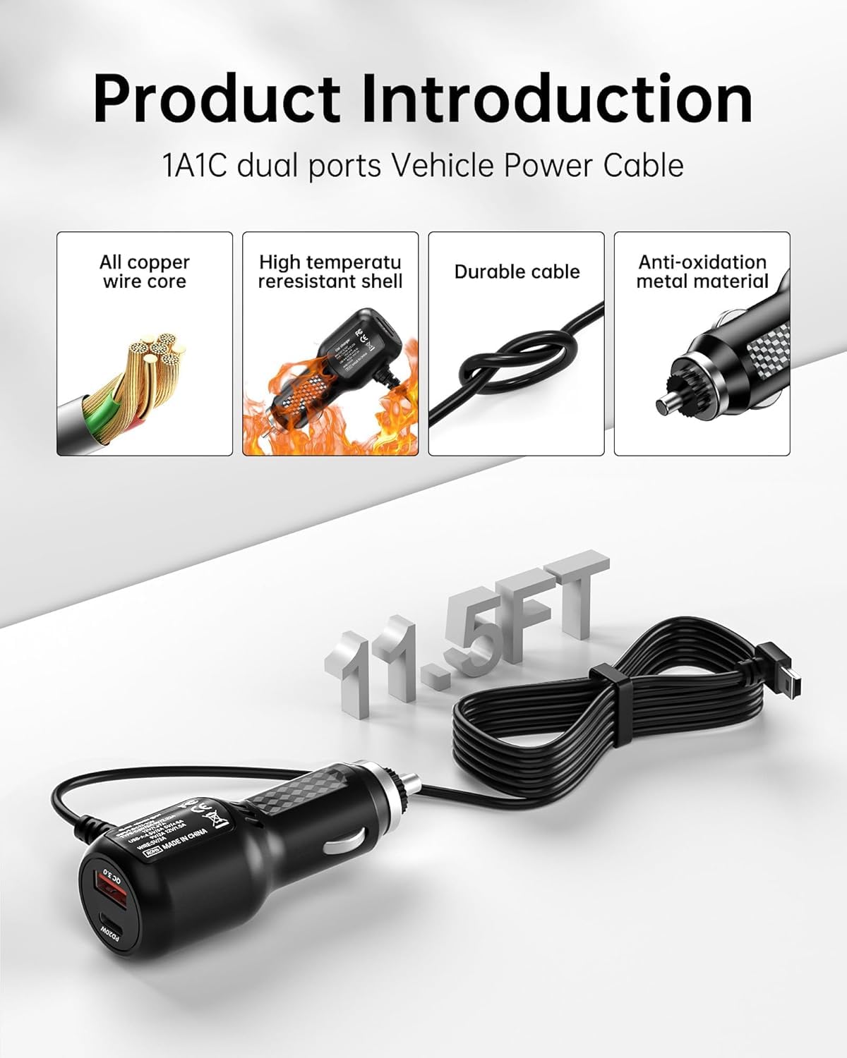 VASTHOME Cargador de coche mini USB de 11.5 pies (138 pulgadas) para Garmin GPS, Nuvi, Dezl, Drive y Dash Cam | Cable de alimentación de vehículo de 12-36 V PD20W QC18W - Sin función de tráfico, 2