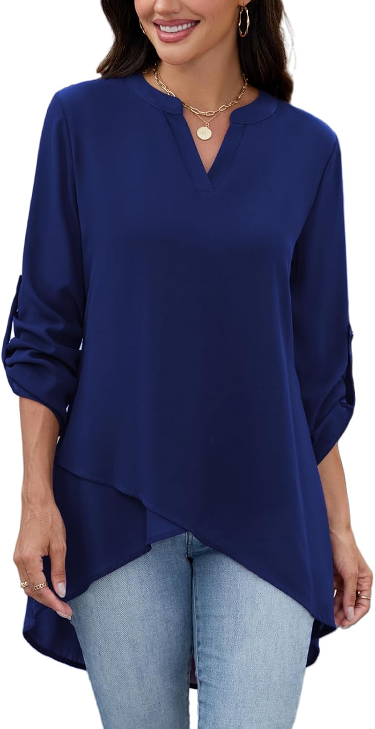 CiCiBird Womens Dressy Casual Tops 3/4 Rolled Sleeve Chiffon Blouse Work Asymmetrical Blouses