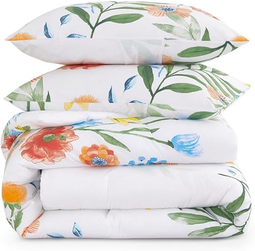 Miniatura 3 de Wake In Cloud - Edredón floral King, 100% tela de algodón, juego de ropa de cama de 3 piezas para mujeres y niñas, acuarela colorida sobre blanco,