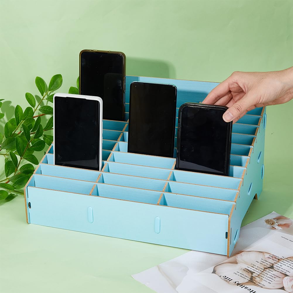DICOSMETIC 1Pcs 30 Grid Wooden Phone Organizer Blue Wooden Storage Box Class Cell Phone Storage Class Cell Phone Box for Office School Classroom 23.5x31.5x18.5cm - Image 3