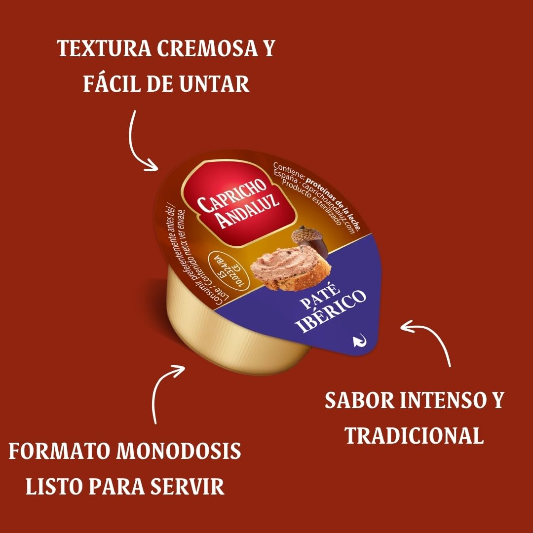 Capricho Andaluz - Caja Paté Ibérico 60 Unidades en Monodosis de 25 gr, Untable para tus Desayunos y Meriendas con un Envasado Práctico y Cómodo para Llevar