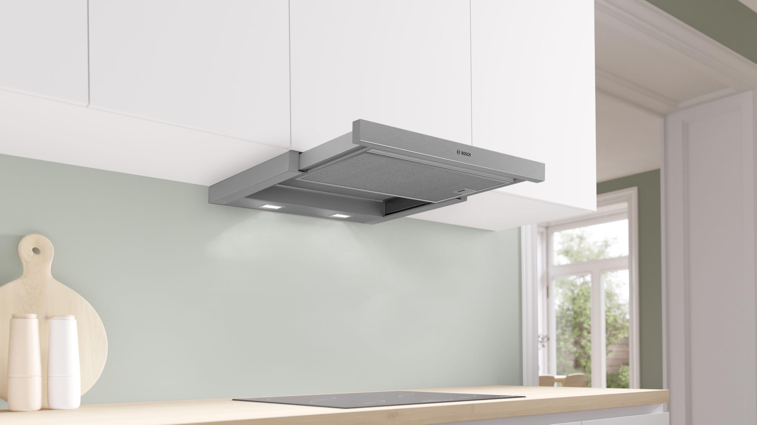 Bosch DFR067A52 - Copertura per schermo piatto serie 4, 60 cm di larghezza, aria di trascinamento e di scarico, prodotto in Germania, EcoSilence Drive, motore silenzioso ed efficiente, illuminazione a
