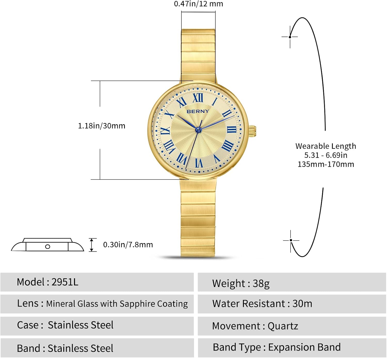 BERNY Vintage Gold Watches for Women, Dainty Women's Wrist Watch, Ladies Analog Quartz Watches with All Stainless Steel, Patent Expansion Band 3ATM Waterproof Roman Indices Fashion Birthday Present - Image 6