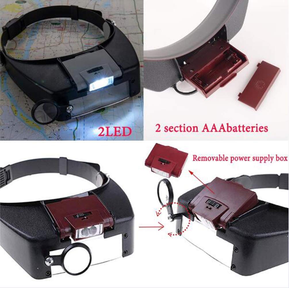 Cabeza iluminada Lupa Gafas Auriculares con luz LED Lupa Cabeza Lámpara Diadema Lupa Visor Manos libres para reparación de relojes Lectura Pestañas Hobby Manualidades Costura, 1.5X 3X 6.5X 8X a,