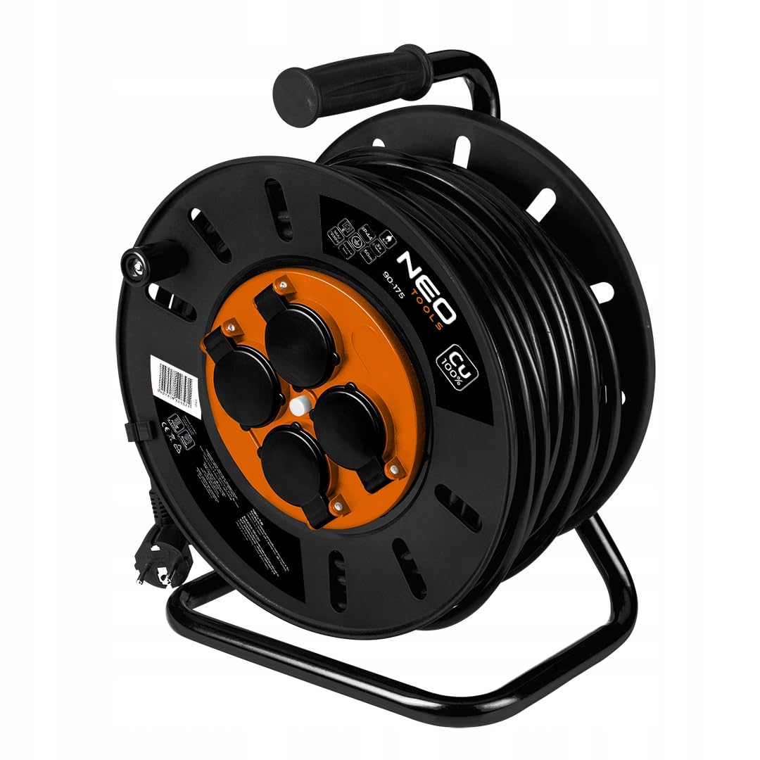 NEO TOOLS Avvolgicavo - 4 prese - 230 V - IP20 nero - Avvolgicavo con 4 prese - 50 m, 3600 W, 3 x 2,5 mm², fusibile termico, attacco di terra