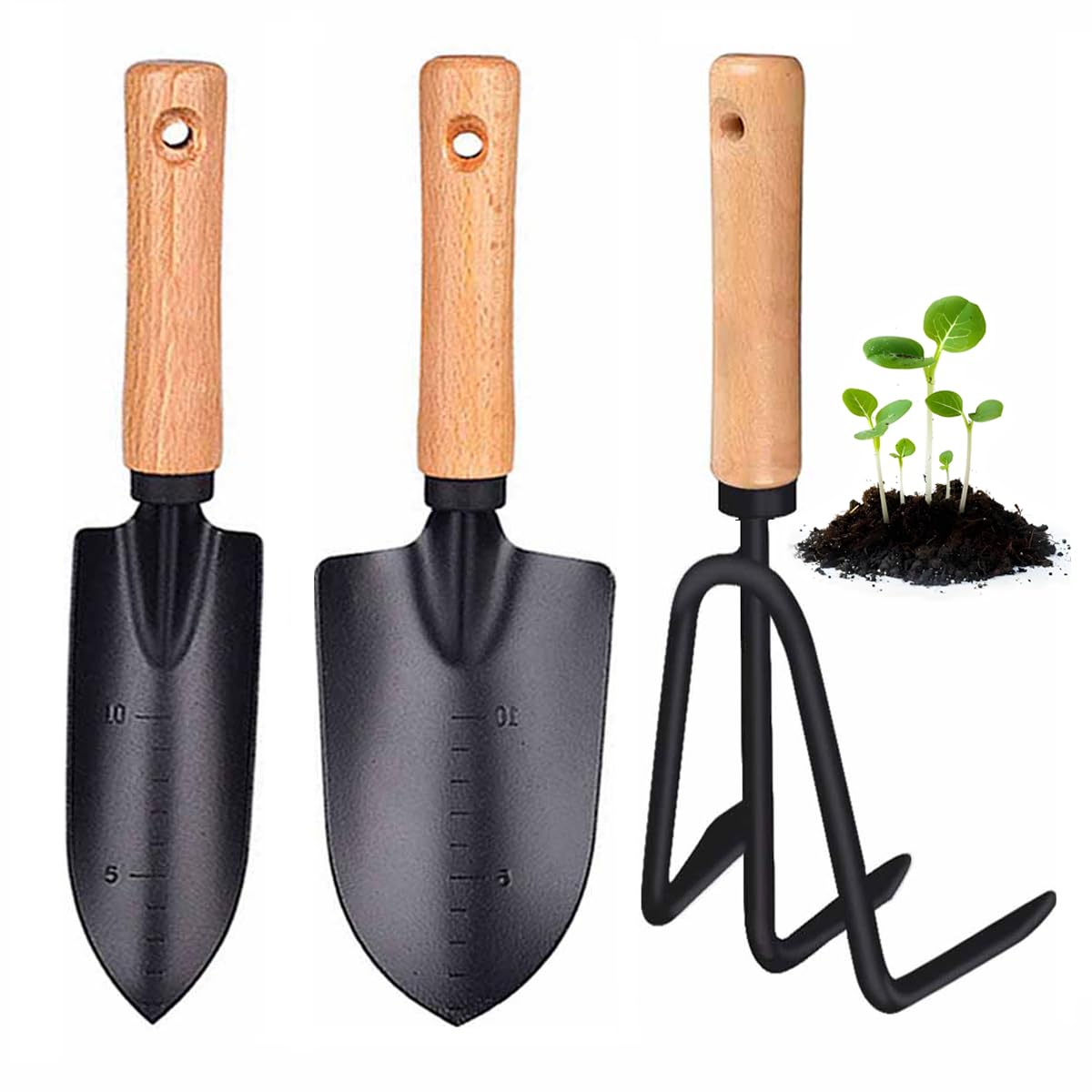 3 Pieces Garden Tools Set-Garden Rake Trowel, Gardening Tools with Wood Handle,Iron Crafts Gardening Work Kit with Solid Wood Ergonomic Handle Tools Succulent Gift Set Outdoor Gardening Tools(Black)