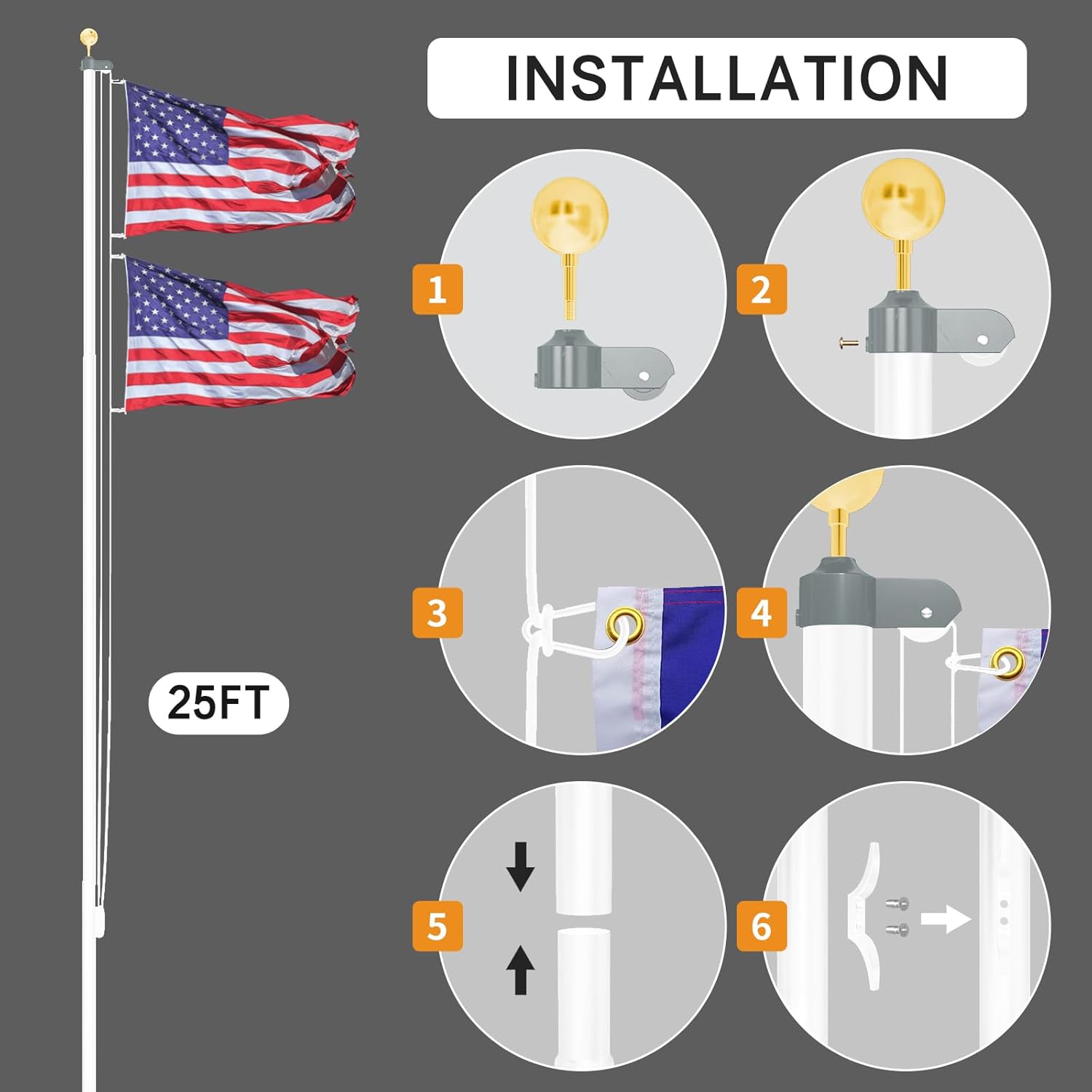 NELXINJO Heavy Duty 25FT Flag Pole -13 Gauge Extra Thick Aluminum Flagpole kit for House Yard - 80 MPH Wind Tested.