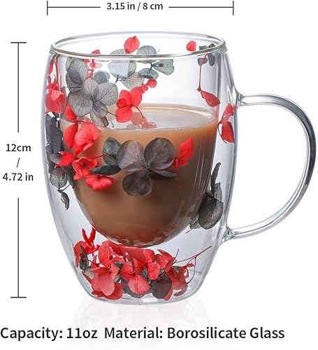 Miniatura 2 de Tazas de café de vidrio transparente de doble pared con diseño de flores secas, tazas creativas de vidrio transparente con asa, taza de vidrio con
