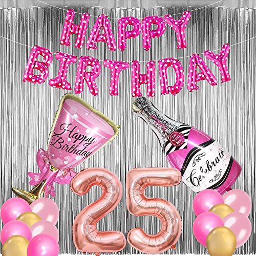 Image of Rozi Decoration 25th Birthday Decoration Pink Theme Champagne Glass, Bottle, Fringe Foil Curtain and Metallic Balloons Happy Birthday Kit for Wife, Women, Sisters, Girls Birthday Decor Pack of 26 Pcs