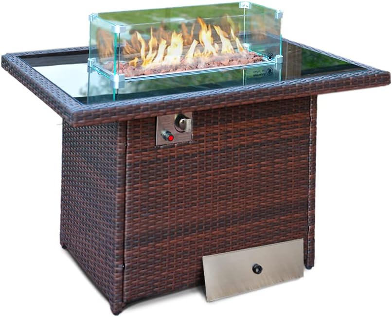 Rattan Gas Fire Pit Table with Lava Stones, Removeable Wind Guard & Lid