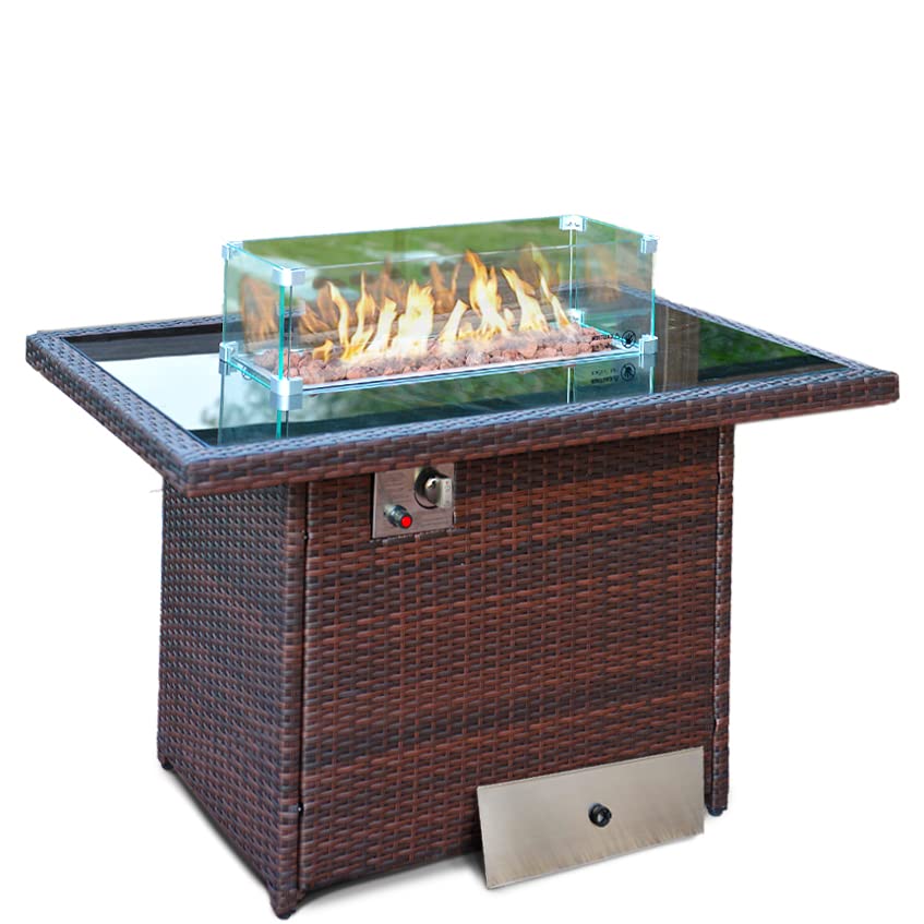Rattan Gas Fire Pit Table with Lava Stones, Removeable Wind Guard & Lid Cover - Outdoor Table Top Fire Pit for Garden, Patio, Conservatory - FREE RAIN COVER INCLUDED (Dark Brown)