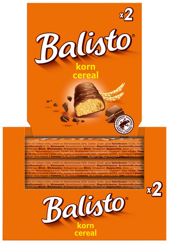 Balisto Riegel Korn 4x 20x37g Keks mit Vollkorn, umhüllt von Milchschokolade - Schokoriegel Snack Schokolade