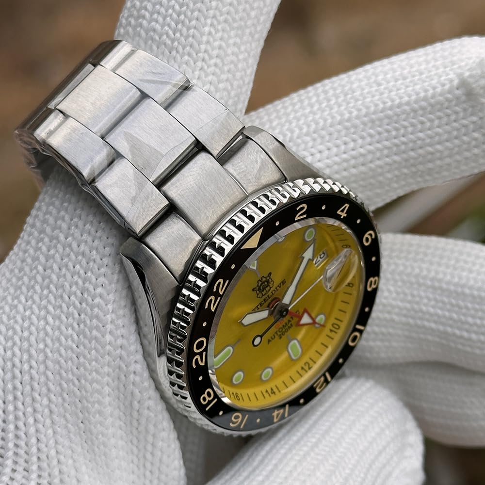 STEELDIVE SD1994 żółte GMT NH34 automatyczne mechaniczne męskie zegarki 200 m wodoodporny ceramiczny pierścień szafirowy zegarek nurkowy