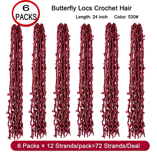 Butterfly Locs Crochet Hair Red,24 Inch 6 Packs Premade Butterfly Faux Locs Crochet Hair For Black Women,Pre Looped Soft Butterfly Locs,Long Distressed Locs Crochet Braids,Synthetic Loc Twist Braiding Hair(24”,530#) #TOP6
