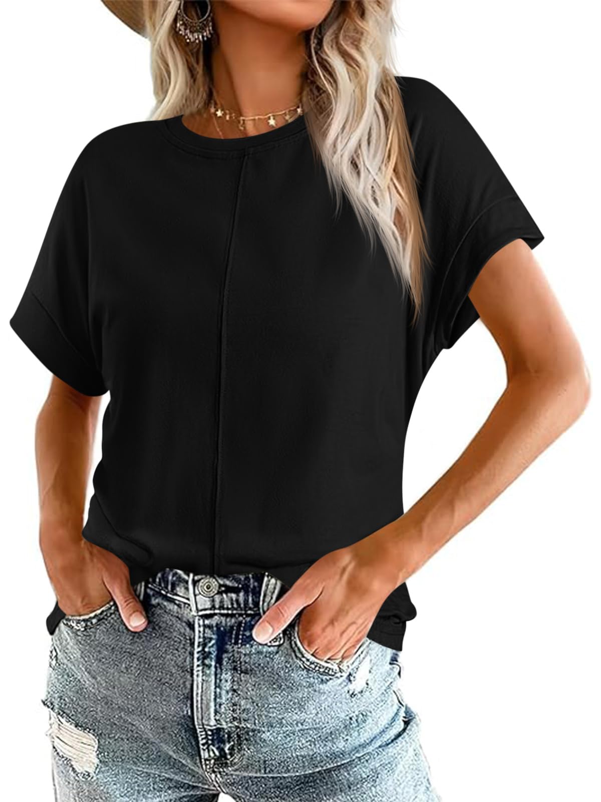 Imily Bela Womens Short Sleeve T Shirts Summer Crew Neck Dressy Casual Tops Basic Trendy Tees