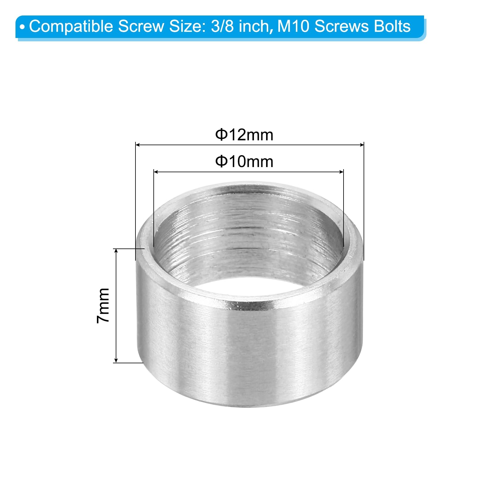 PATIKIL M10 Stainless Steel Spacers, 12Pcs Metal Spacer 10mm ID x 12mm OD x 7mm L Screw Standoff for 3/8" or M10 Screw - Image 2