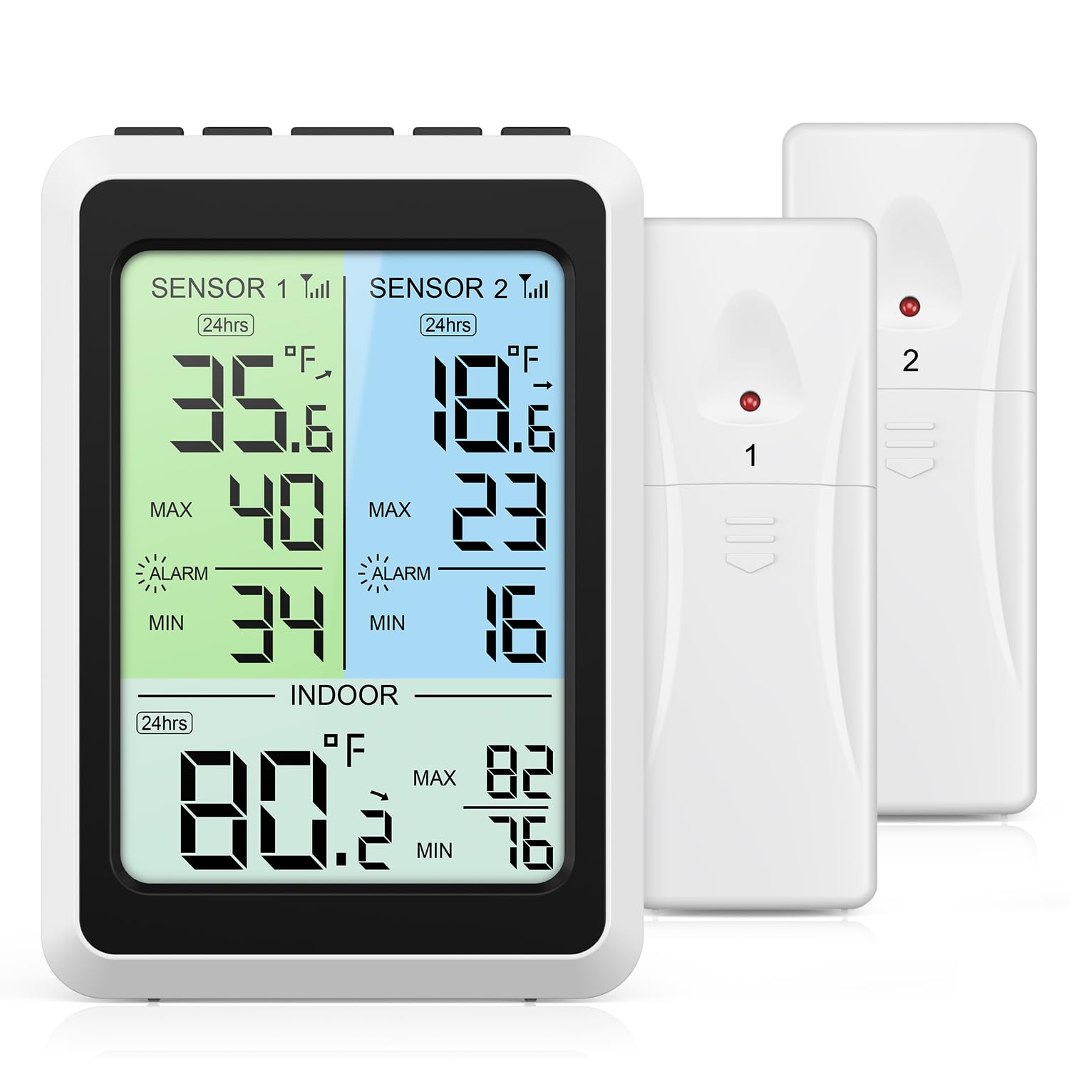 Termometro per frigorifero con allarme, 11,4 cm, wireless, con retroilluminazione a 2 livelli, 2 sensori, termometri digitali per congelatore con registrazioni max/min, per casa, ristoranti