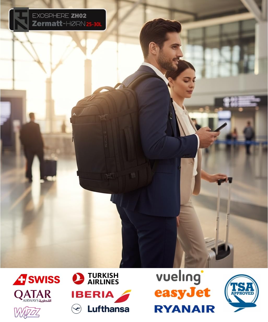 + ZERMATT-HORN plecak podróżny próżniowy, rozsuwany 25 l do 30 l, laptop 15-17", plecak na bagaż podręczny 40 x 30 x 20 kabinę do lotu z kabiną Ryanair, Vueling, Easyjet, plecak podróżny.