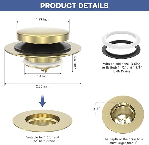 Miniatura 6 de Tapón de bañera de punta mejorada de oro cepillado, tapón universal de drenaje de bañera desplegable, tapones de drenaje de bañera de baño,