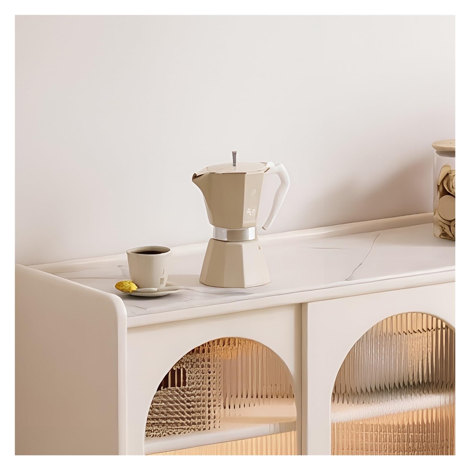Carrello da cucina Credenza a isola con cassetti, ante in vetro scanalato e ruote con serratura(L)