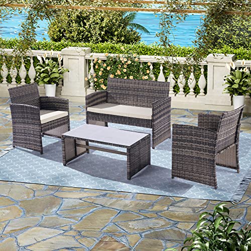 Optough 4-Piece Rattan Patio Furniture Set, Outdoor Wicker Conversation Sofa With Weather Resistant Cushions And Tempered Glass Tabletop For Lawn Backyard Pool Garden, Gray/Beige #TOP2