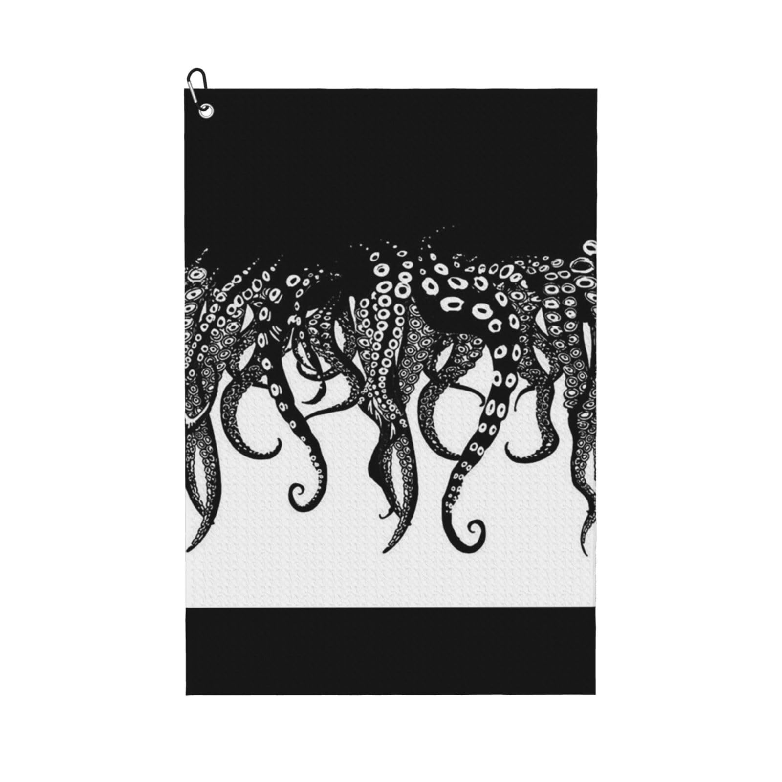 peiyeety Octopus Art Microfiber Golf Towel with Carabiner Clip, 16x24 Inch Absorbent Waffle Weave Towel for Golf Bags