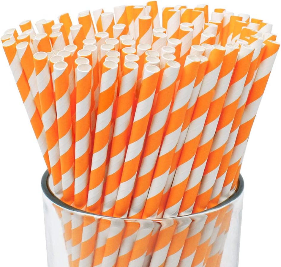 Just Artifacts Premium Disposable Drinking Striped Paper Straws (100pcs, Orange)