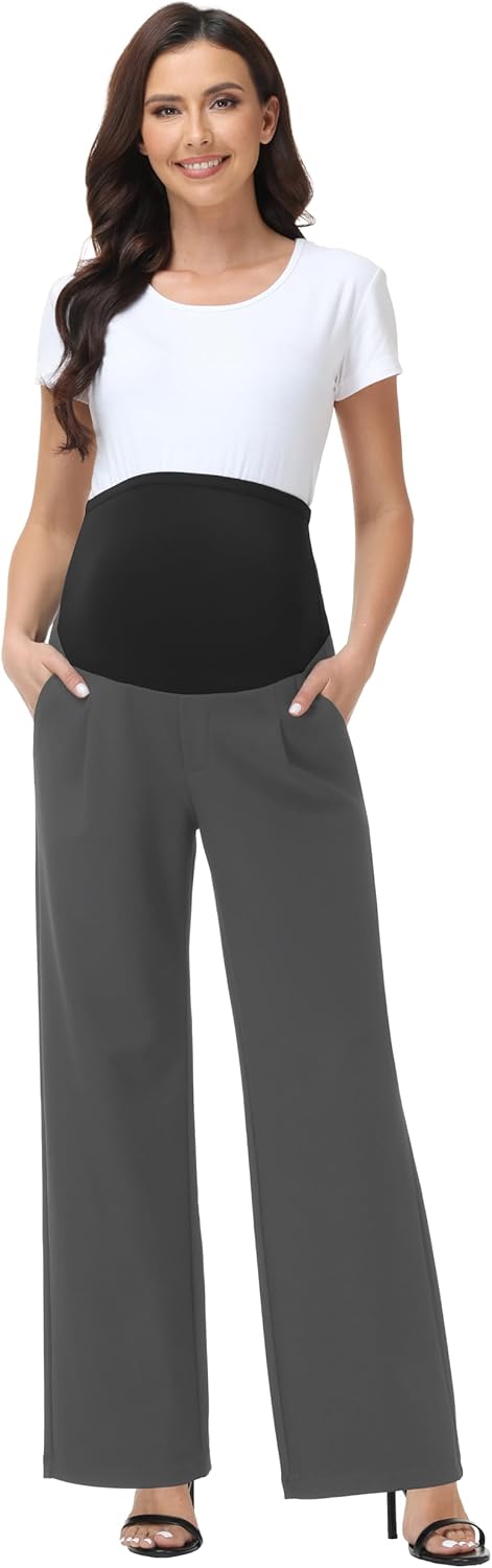 V VOCNI Women's Maternity Work Pants Wide Leg Over The Belly Pregnancy Dress Pants Office Slacks with Pockets - Image 4