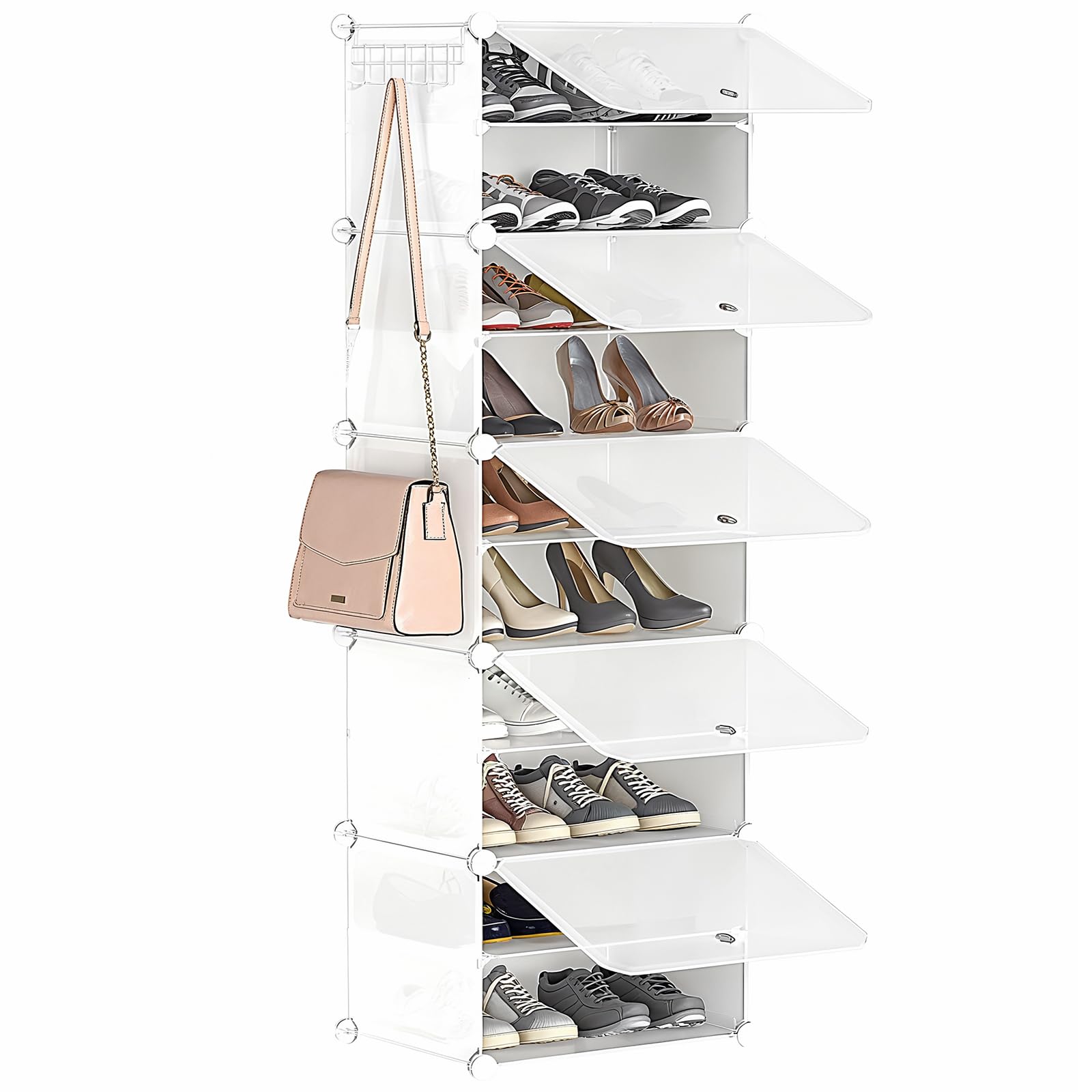 HOOBRO Schuhregal mit 10 Ebenen, Schmal Schuhschrank, Schuh-Organizer, mit Türen, Kunststoff, DIY Steckregal, für Eingang, Schlafzimmer, Flur, Weiß EWT11SC01G1