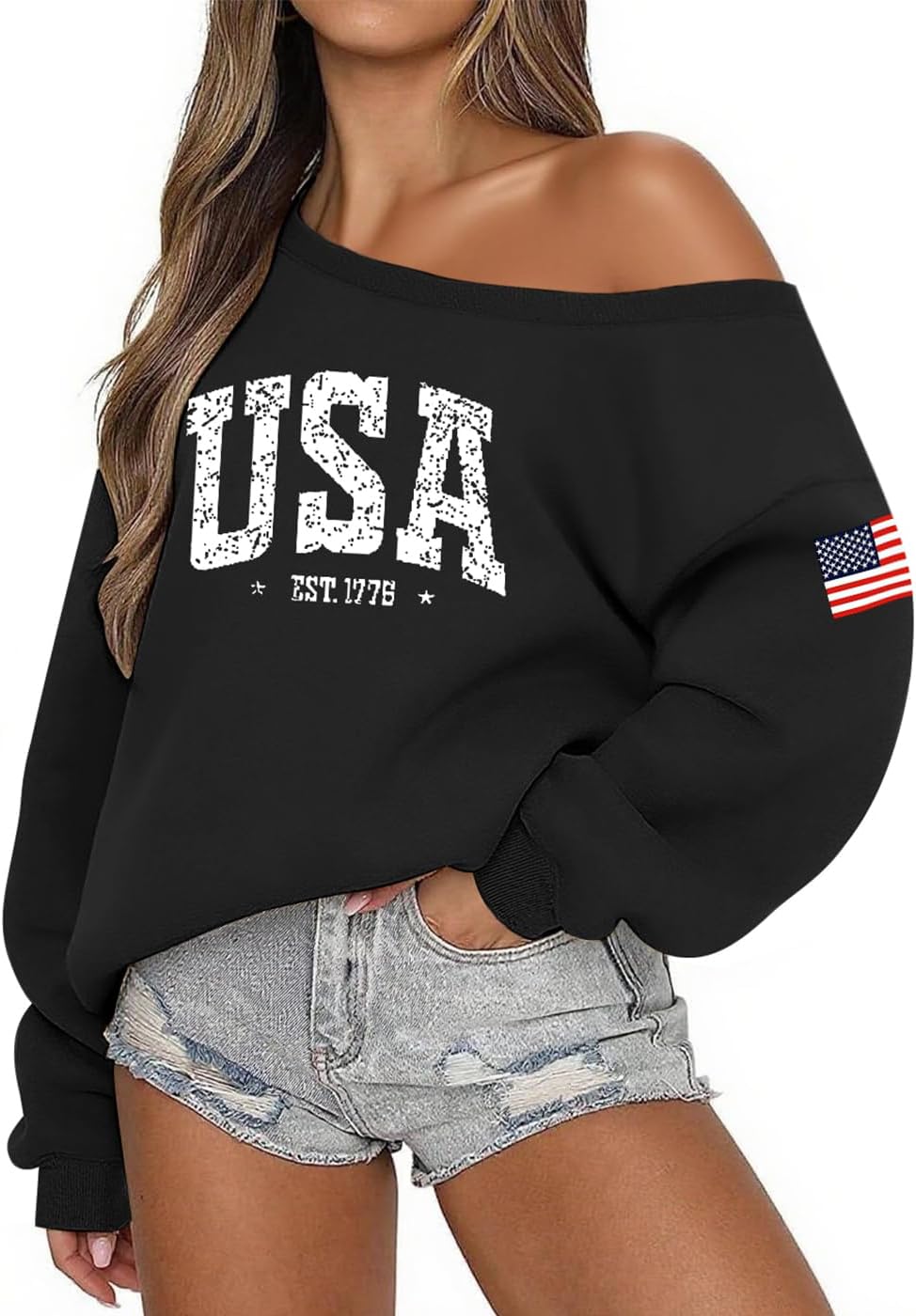 Lacozy USA Sweatshirt for Women Oversized Fleece Off the Shoulder Sweater Soft Long Sleeve Hoodie 4th of July Outfits
