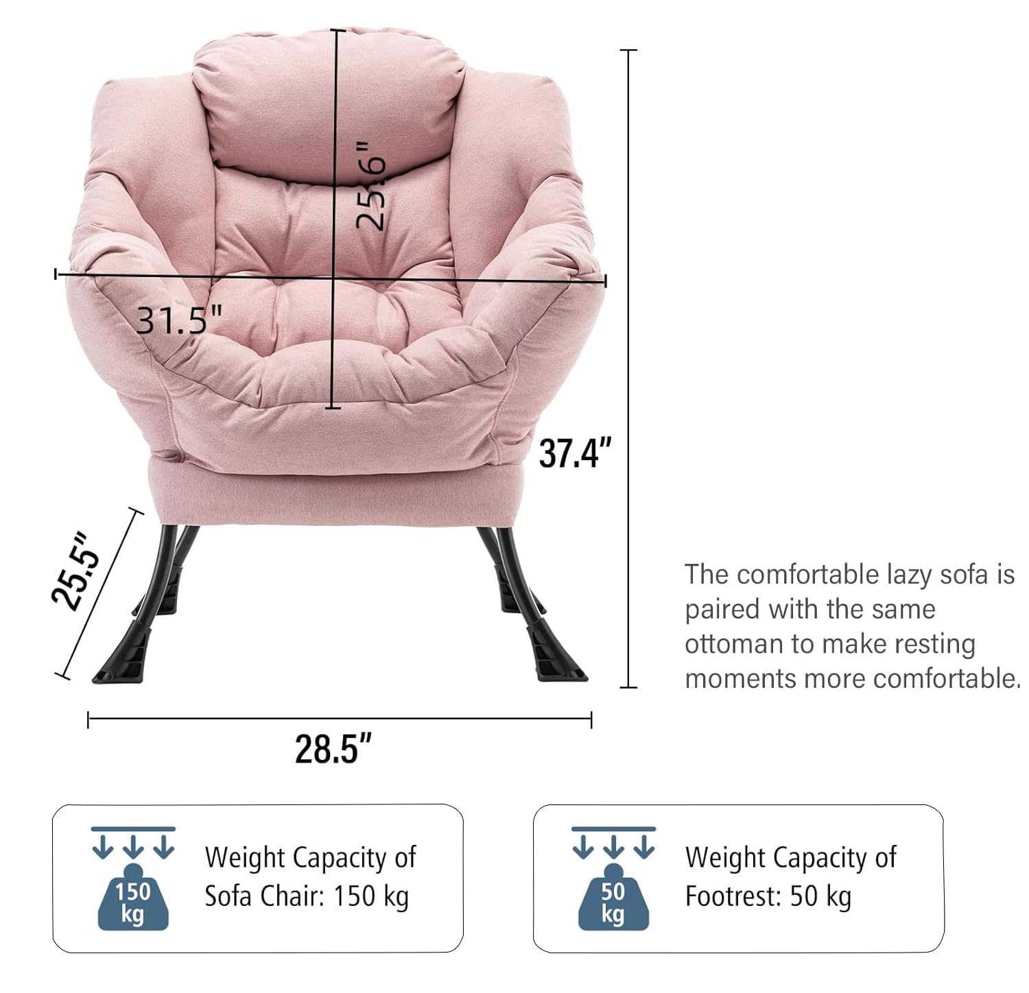 Fauteuil Salon, Fauteuil Relax avec Oreiller et Poche Latérale, Chaise Chambre Confortable pour Lecture, Cadre en Métal pour Charger de 150 kg, 80x65x95 cm, Rose-A