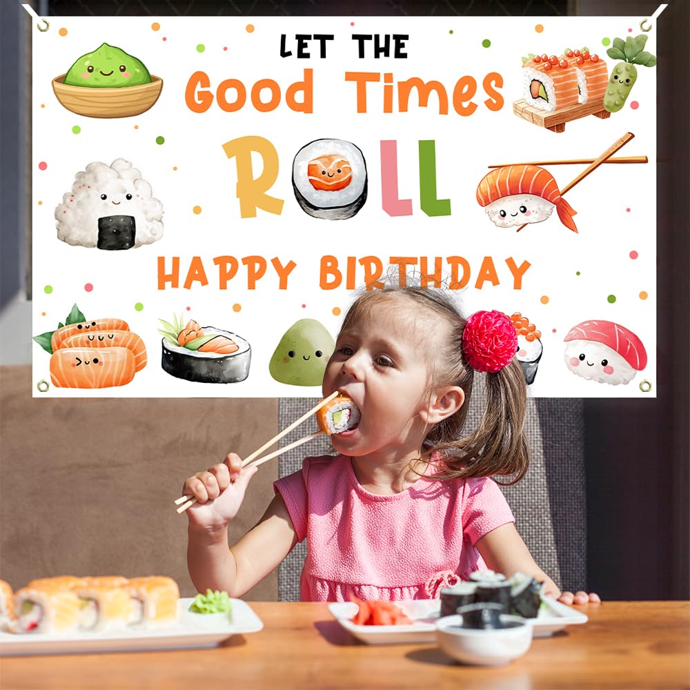 Cartel de feliz cumpleaños de sushi para niños – 70.8 x 43.3 pulgadas, suministros de fiesta de sushi kawaii, decoraciones temáticas japonesas para fiesta de cumpleaños de niños, rollo de 3