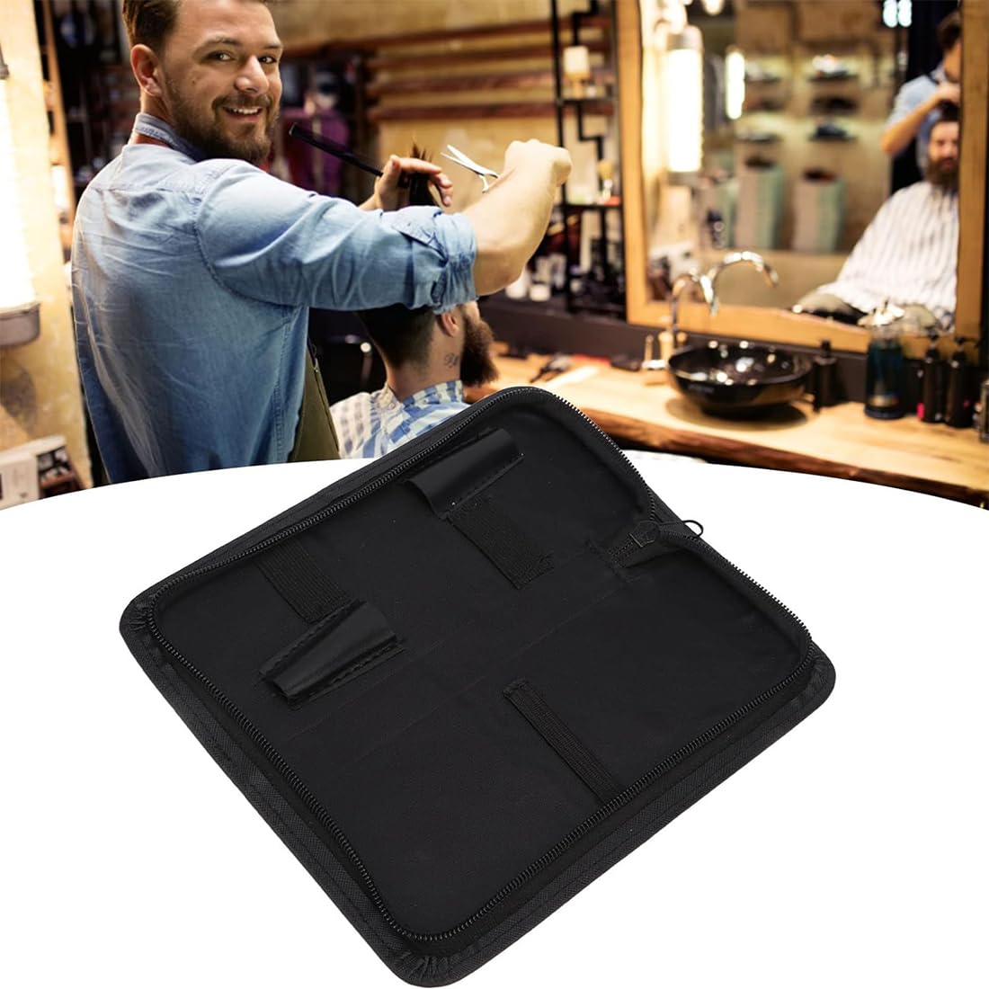 Borsa Professionale per Forbici da Barbiere, Borsa da Parrucchiere in Pelle con Cerniera, Fondina per Attrezzi da Barbiere Nera