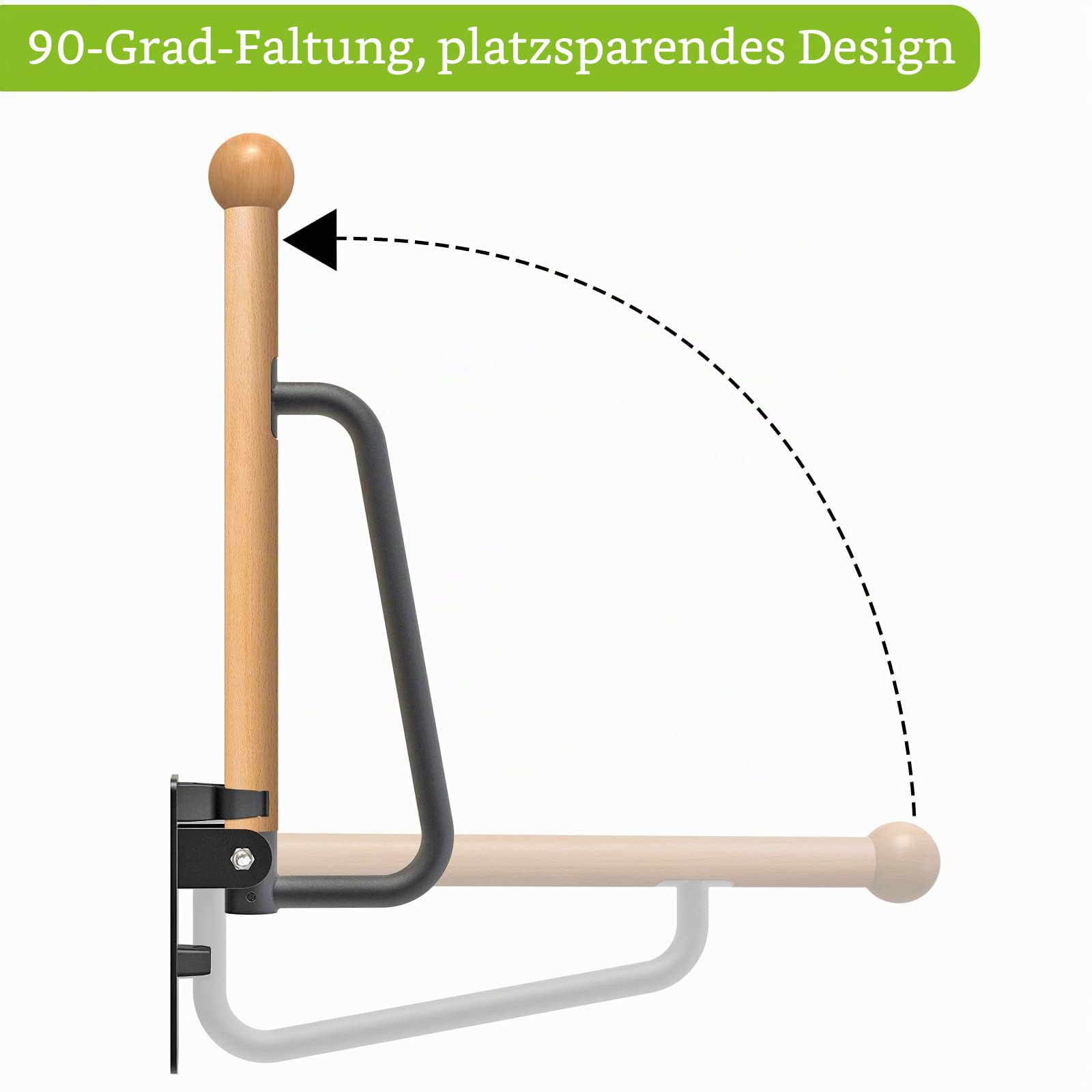 Dolibest Haltegriffe Toiletten Klappbar Senioren Behinderte WC Aufstehhilfe | 61cm,90 Klappbar,Badezimmer Pflegeheim Hotel,Φ1.6cm Buche,Metallhalter,Komplettes Set,159kg,Schraube Dübel