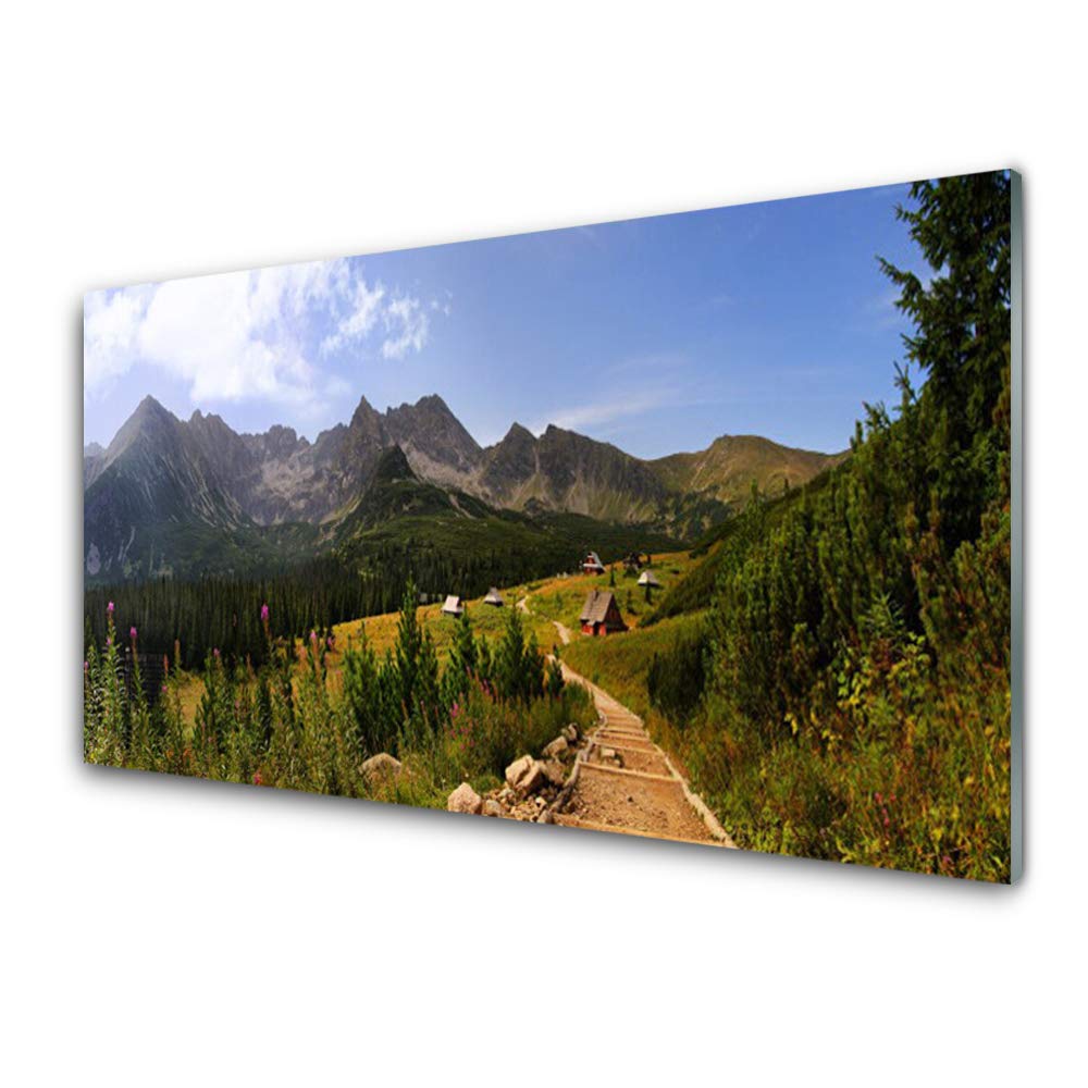 Tableau mural moderne pour salon motif forêt et montagne en verre trempé 100x50cm