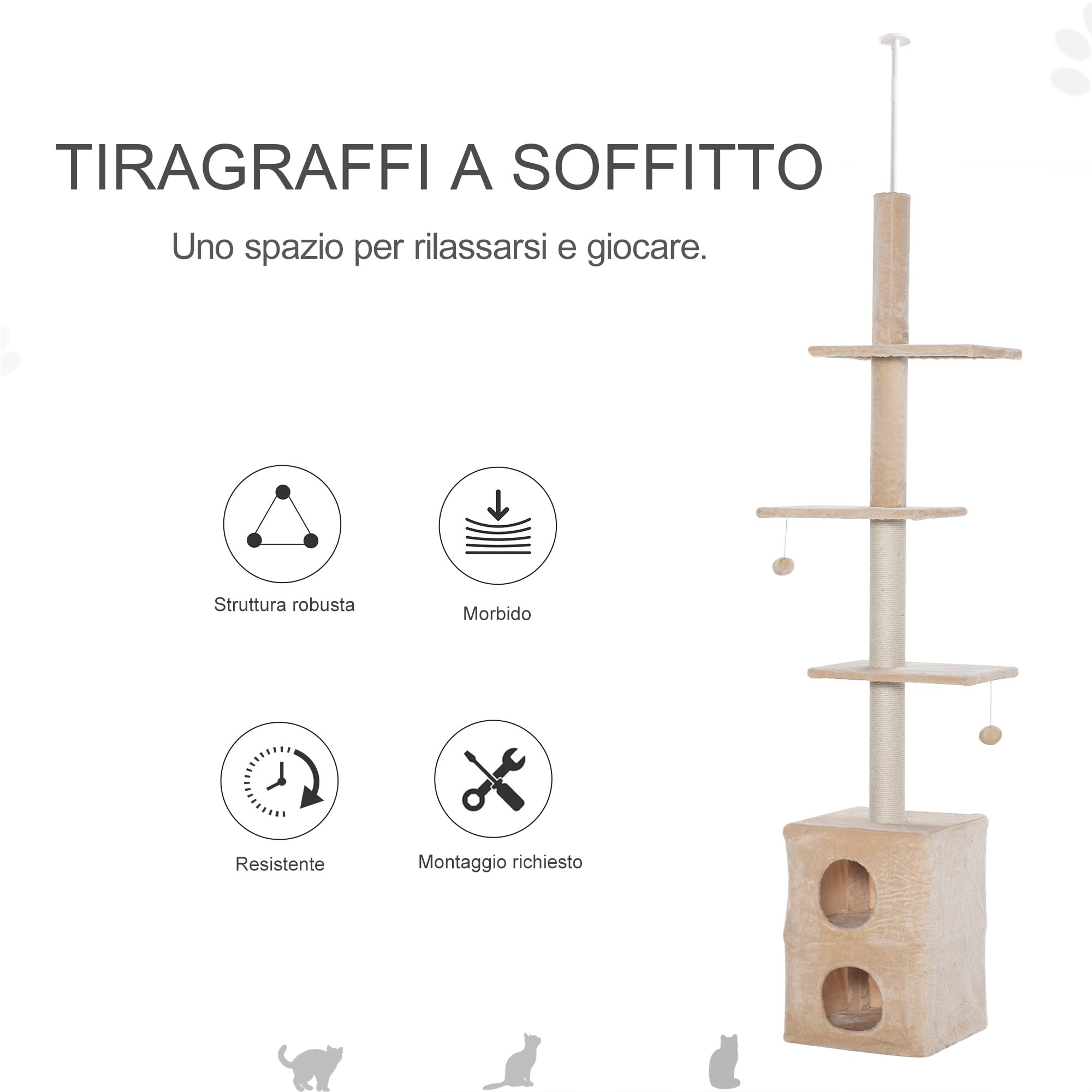 PawHut Tiragraffi a Soffitto Multilivello 220-245cm, per Gatti Giallo