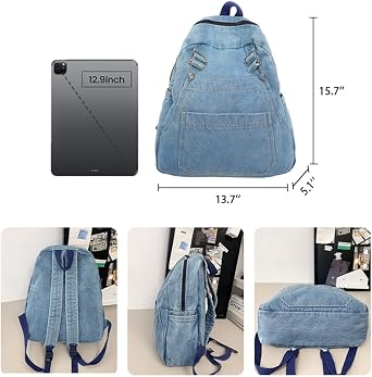 Denim Backpack for Women Men Casual Y2k Grunge Aesthetic Canvas Daypack Lightweight Rucksack Durable Jeans Bag