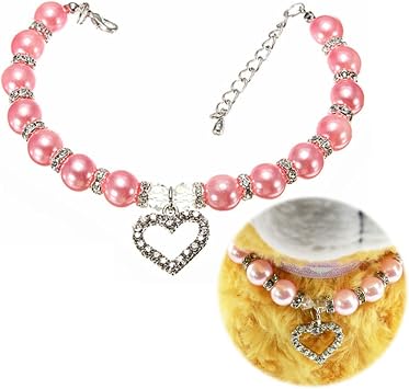 SANWOOD Couture Designer Fancy Diamond Pet Cat Dog Necklace Jewelry with Bling Pearls Rhinestones Heart Charm for Pets Cats Small Dogs Female Puppy Girl Costume Outfits M