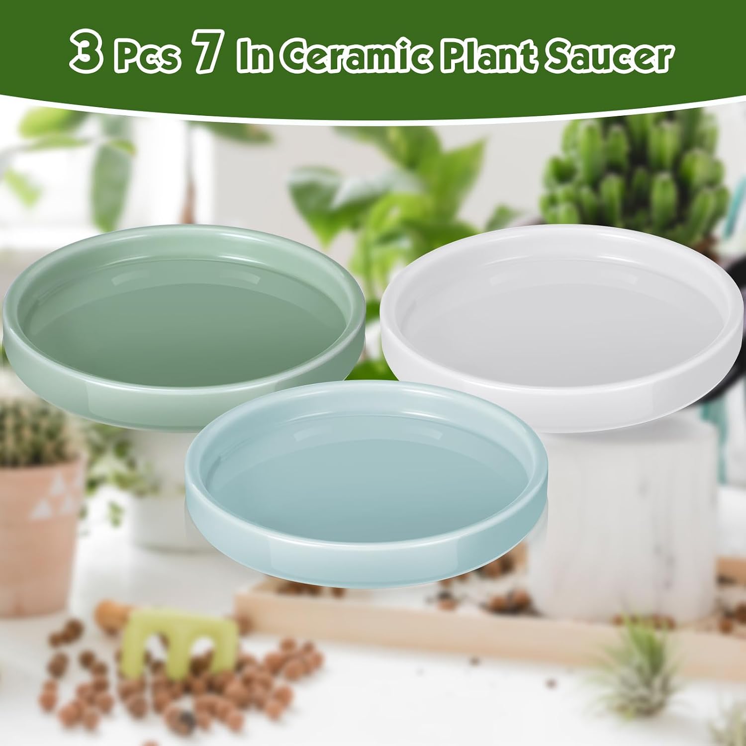 Zubebe 3 Pcs 7 Inch Ceramic Plant Saucer Round Planter Pot Drainage Tray Planter Water Drip Tray Flower Pot Saucers for Indoor Outdoor Holding Water Drips and Soil, White, Blue, Green